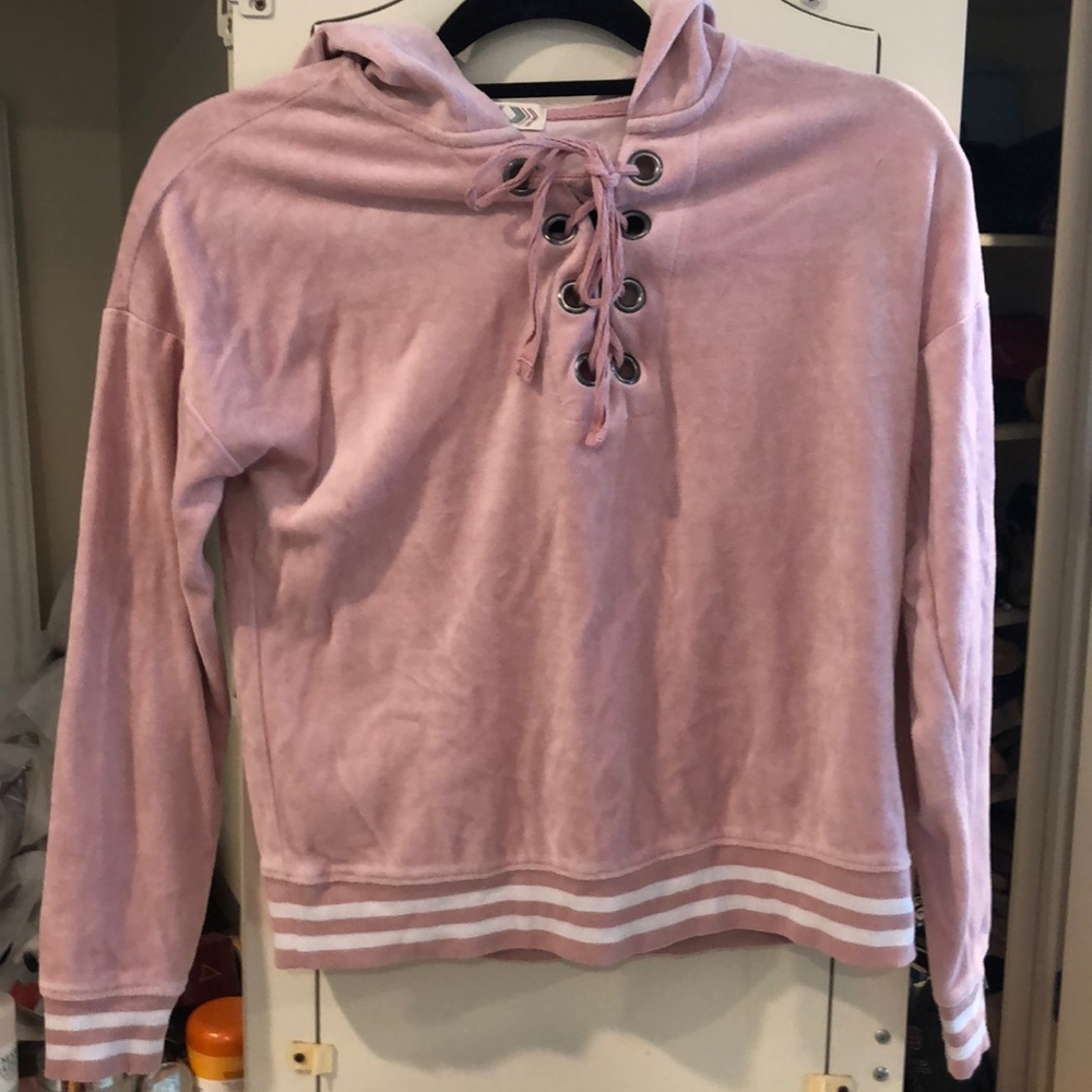 Pink velvet lace up hoodie